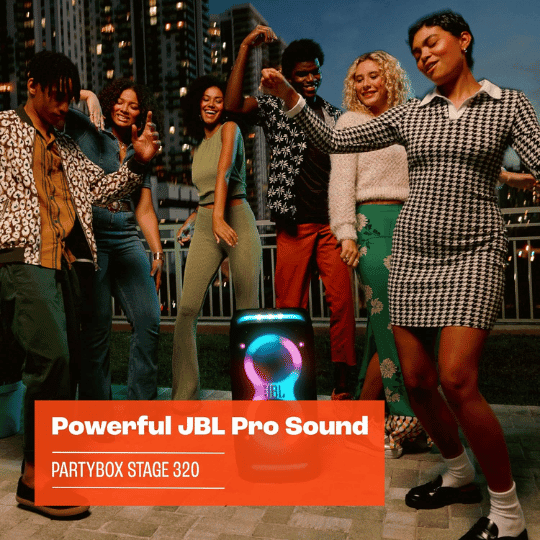 JBL PartyBox Stage 320 - Portable Party Speaker with Telescopic Handle & Wide