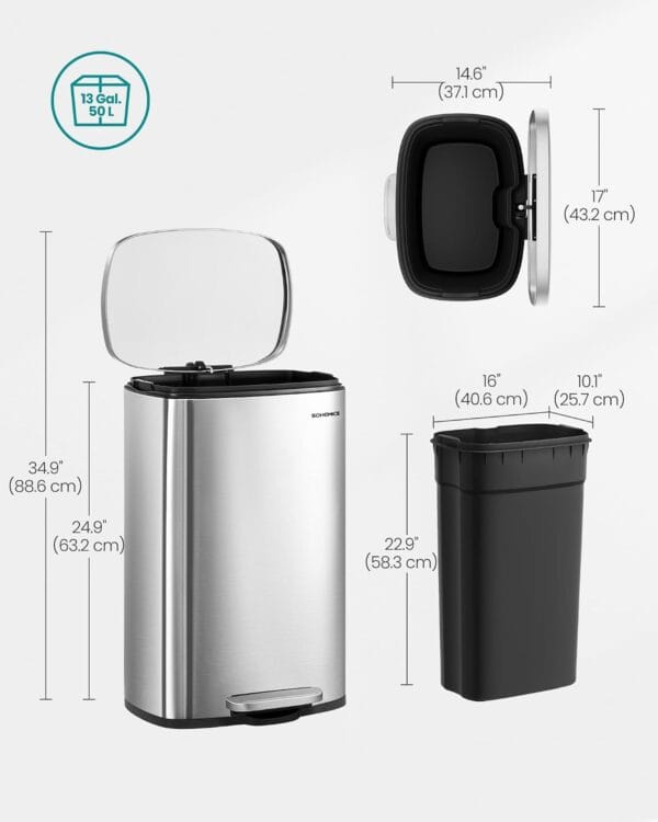 SONGMICS Kitchen Bin 13 Gallon (50 L) Silver