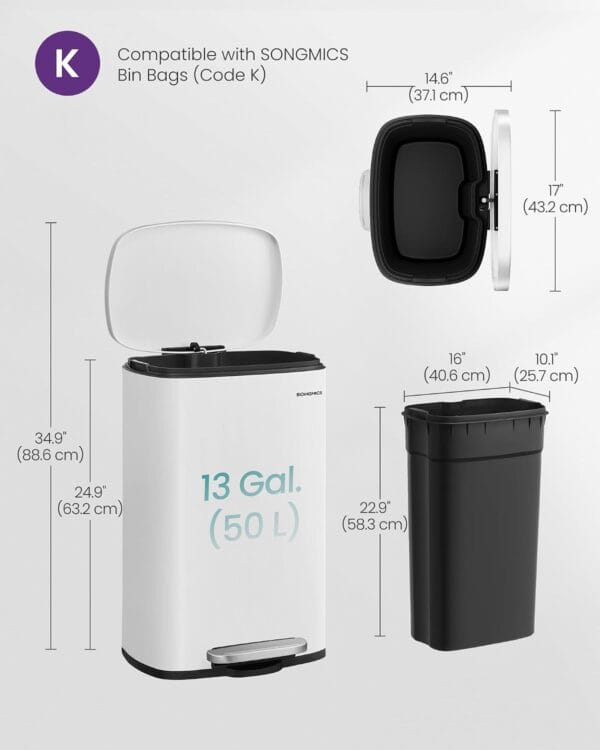 SONGMICS Kitchen Bin 13 Gallon (50 L) White