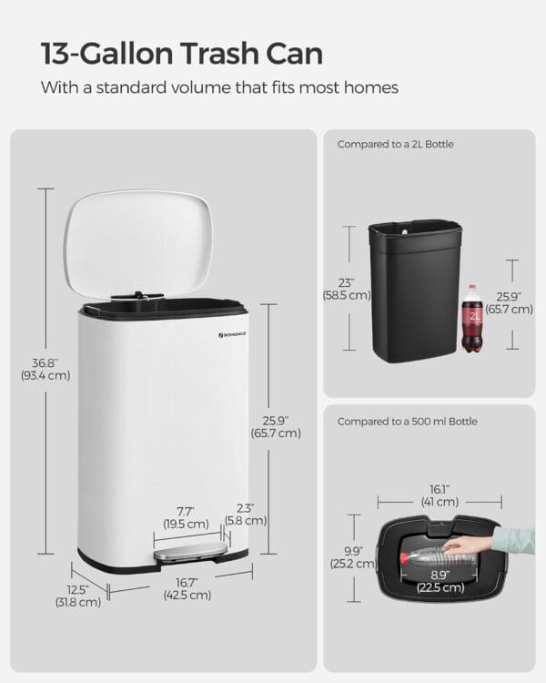 SONGMICS Kitchen Bin 13 Gallon (50 L) White