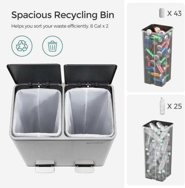 7130JSRJXaL._AC_SL1500_ SONGMICS Trash Can, 2 x 8 Gallon (2 x 30 L) Garbage Can for Kitchen with 15 Trash Bags
