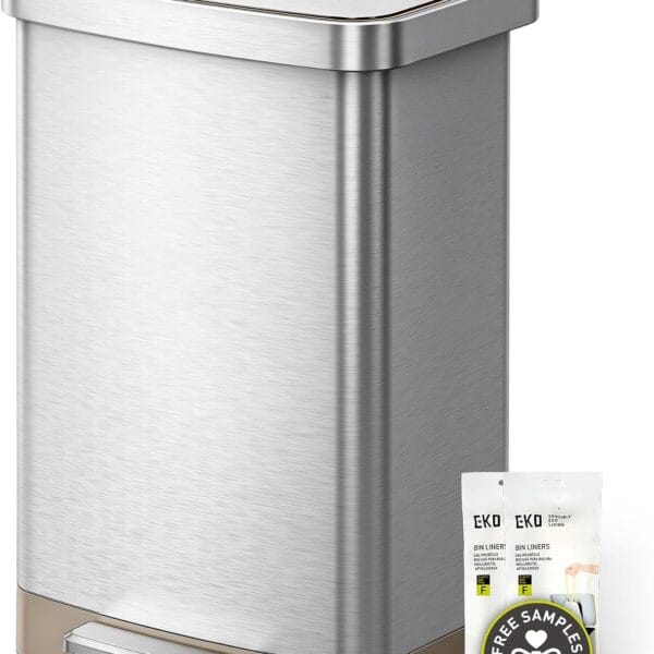 71vGcEeSHTL._AC_SL1500_ EKO Hudson Matte Stainless 50 Liter/13.2 Gallon Step Trash Can with Rear Trash Bag Storage Compartment