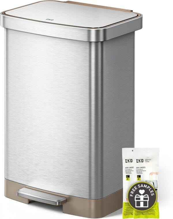 71vGcEeSHTL._AC_SL1500_ EKO Hudson Matte Stainless 50 Liter/13.2 Gallon Step Trash Can with Rear Trash Bag Storage Compartment