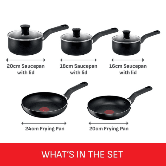 8 Tefal Essential Non-Stick 5-Piece Pan Set, Glass Lids, Black