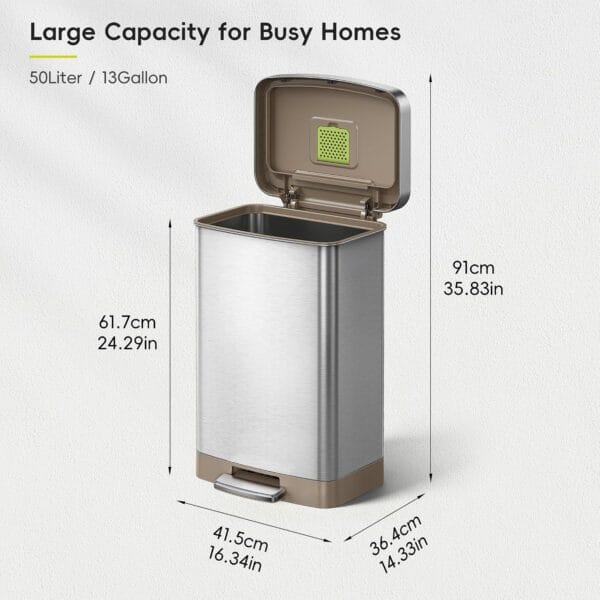 810cDnh+JWL._AC_SL1500_ EKO Hudson Matte Stainless 50 Liter/13.2 Gallon Step Trash Can with Rear Trash Bag Storage Compartment