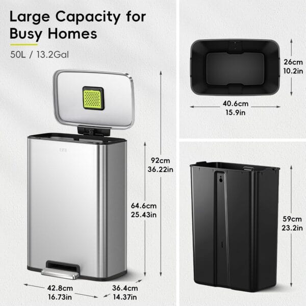 814Yswc7DTL._SL1500_ EKO Madison Brushed Stainless 50 Liter/13.2 Gallon Step Trash Can with Inner Liner