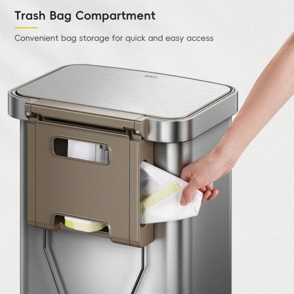 81ZQFJ3MTIL._AC_SL1500_ EKO Hudson Matte Stainless 50 Liter/13.2 Gallon Step Trash Can with Rear Trash Bag Storage Compartment