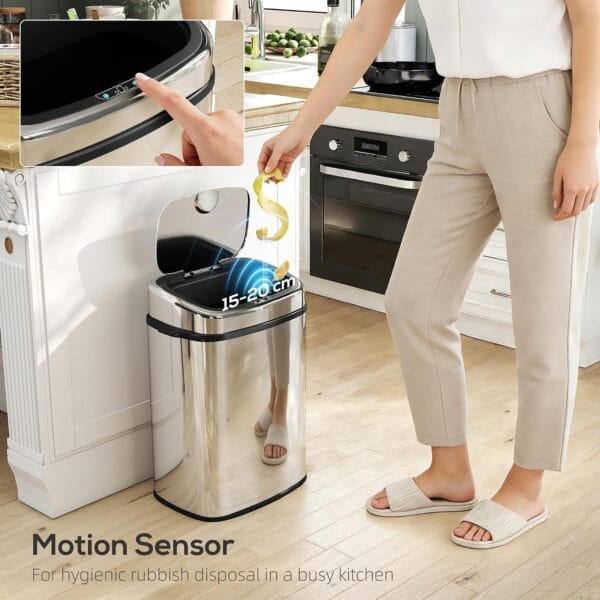 HOMCOM 50L Sensor Bin with Soft-Close Lid Automatic Kitchen Bin Silver Tone Electronic Touchless Motion Sensor